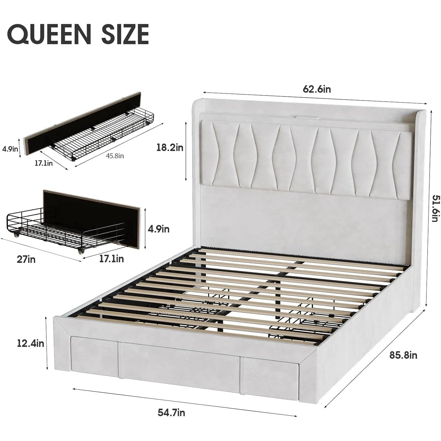 Queen Size Upholstered Platform Bed Frame with LED Lights, 3 Storage Drawers & USB Charging Station – Velvet Finish