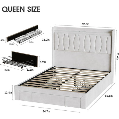 Queen Size Upholstered Platform Bed Frame with LED Lights, 3 Storage Drawers & USB Charging Station – Velvet Finish