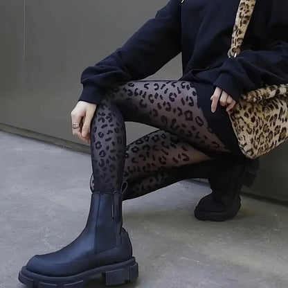 Vintage Gothic Sheer Pantyhose – Sexy Black Leopard Print Transparent Tights for Women