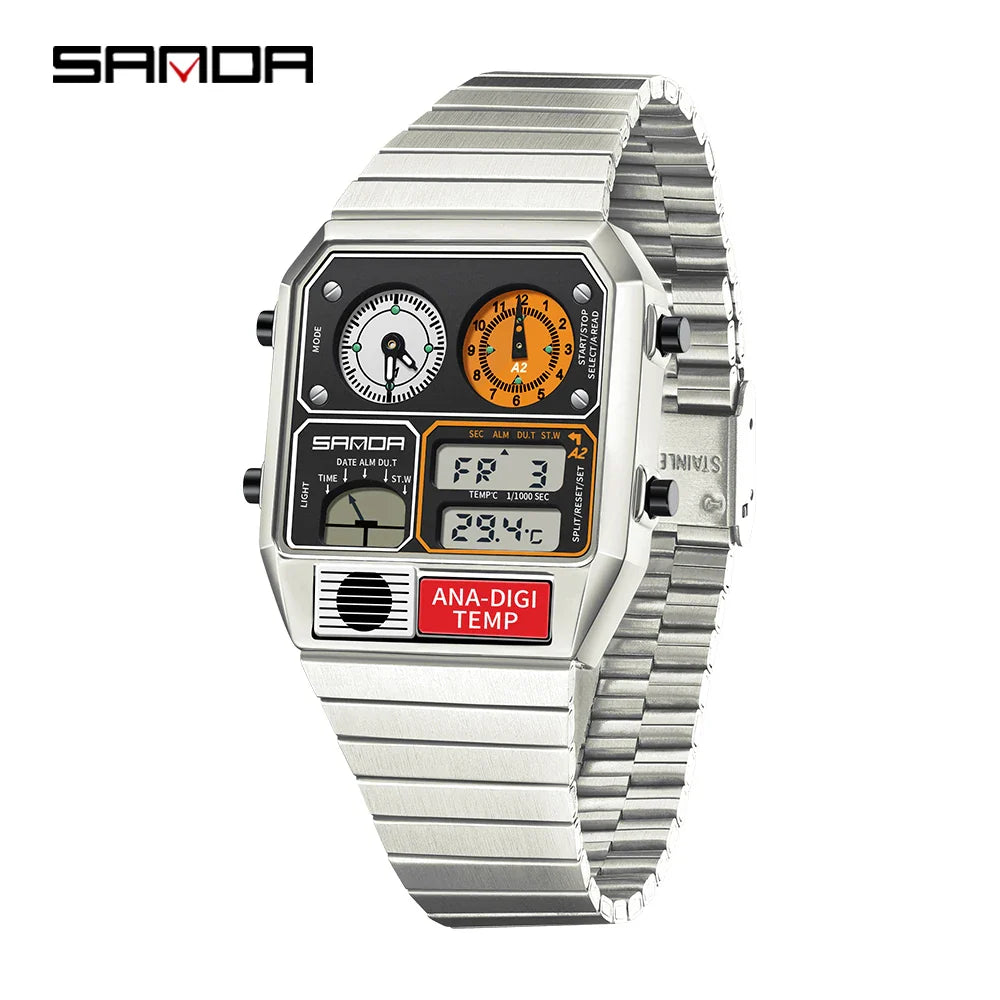 SANDA 3192 Men’s LED Square Watch — Youth Casual Multi-Function Stopwatch Thermometer Chronograph