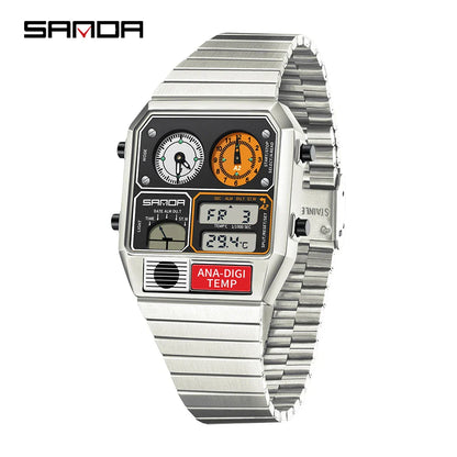 SANDA 3192 Men’s LED Square Watch — Youth Casual Multi-Function Stopwatch Thermometer Chronograph