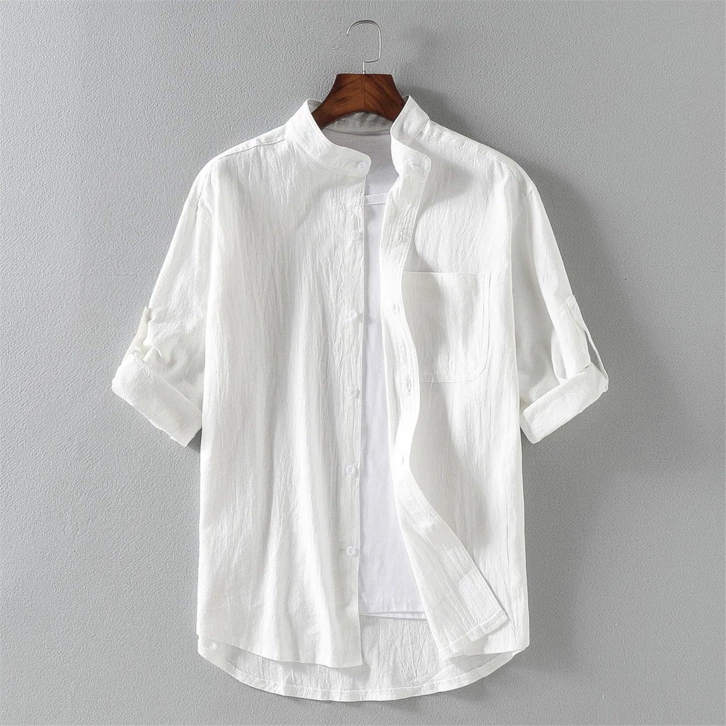 Men’s Stand Collar Short Sleeve Shirt - Spring Summer Casual Mid-Sleeve Plus Size Fashion Top