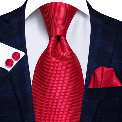 Hi-Tie Red Burgundy Plaid Silk Tie Set — Designer Men’s Necktie with Handkerchief & Cufflinks for Wedding or Business