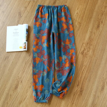 2025 Spring Summer Women's Pajama Pants – 100% Cotton Crepe Loose Fit Leaf Print Home Wear Bottoms