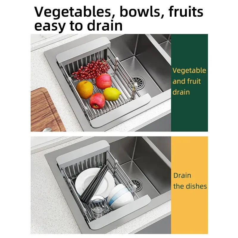 Folding Stainless Steel Kitchen Sink Drain Rack – Space-Saving Dish Drain Basket & Sink Organizer