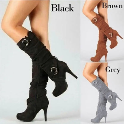 Women’s Knee-High PU Leather Boots – Thin High Heel Platform Round-Toe Fashion Shoes, Size 34-43