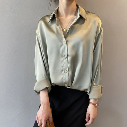Elegant Satin Women’s Shirt — Loose Vintage Blouse with Turn-Down Collar for Spring & Autumn