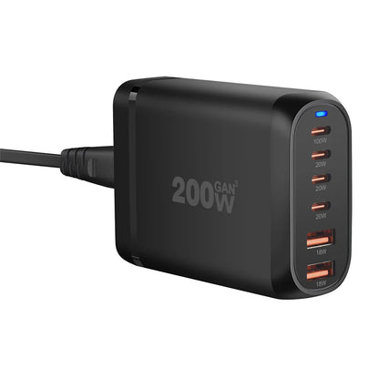 UHOMEBUY 200W GaN Desktop Charger - 6-Port USB Type C with 100W PD & Quick Charge 3.0 Fast Mobile Charger