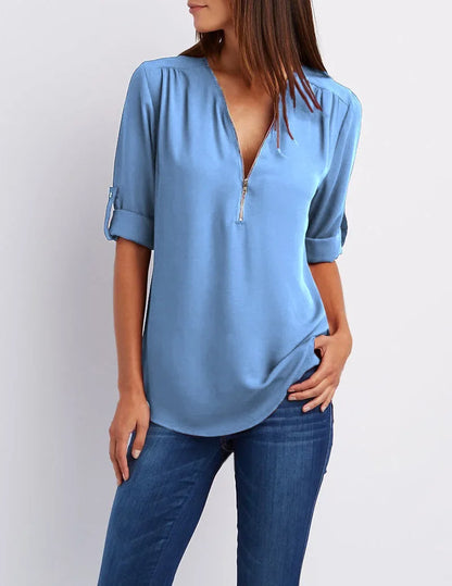 Women’s 2025 Hot Sale Loose Chiffon Blouse – Deep V-Neck Casual Top with Zipper Pullover Plus Size