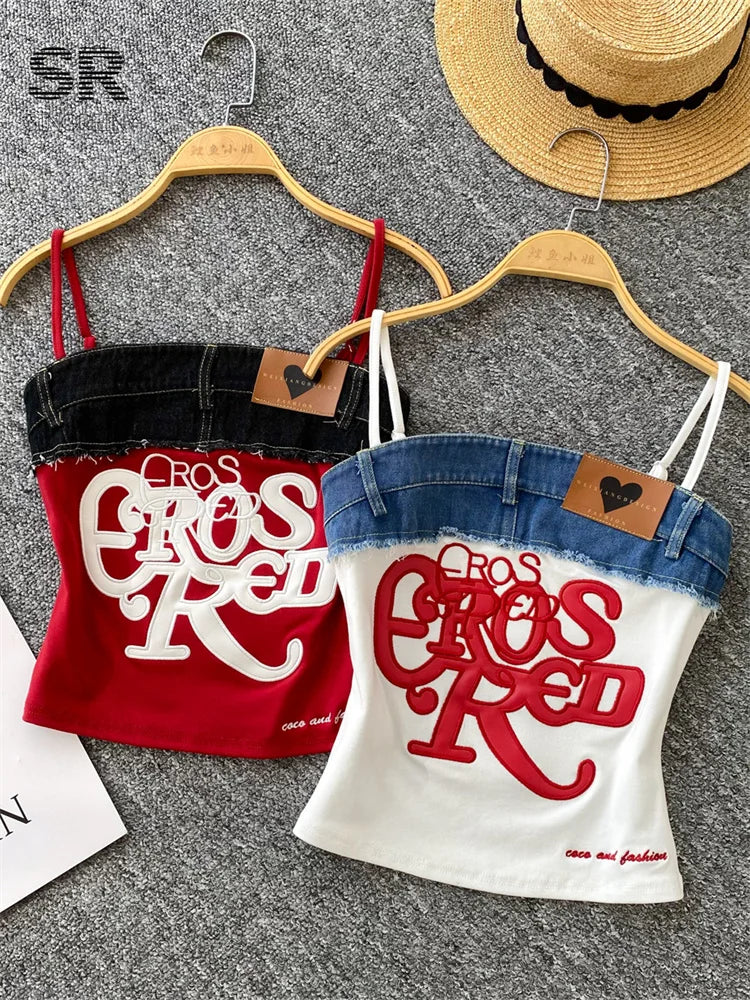 SINGREINY Y2K Denim Patchwork Crop Top — Women’s Retro Letter Embroidery Slim Streetwear Strap Top