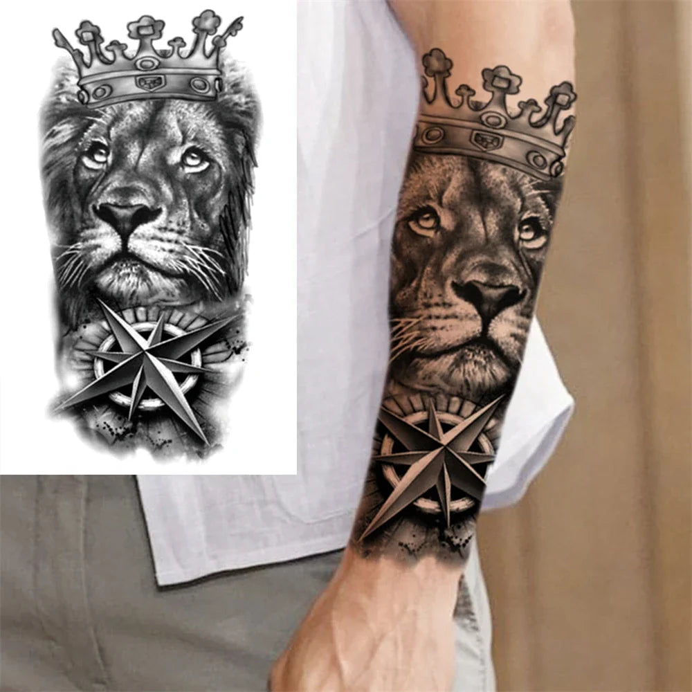 Full Arm Temporary Tattoo Sleeve - Realistic Warrior Lion Tiger Flower & Maori Design Fake Tattoos