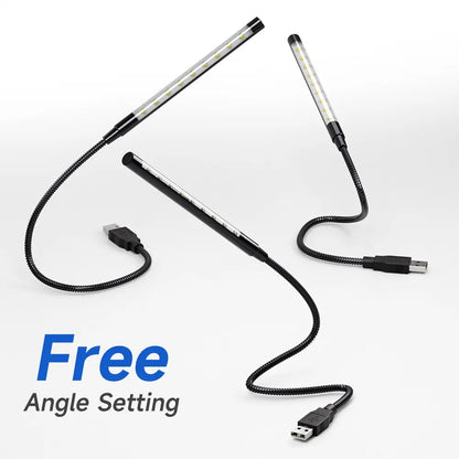 Flexible LED Night Light - Silver/Black Metal, USB Powered, 10 LED Book Reading Light for Laptops and Notebooks