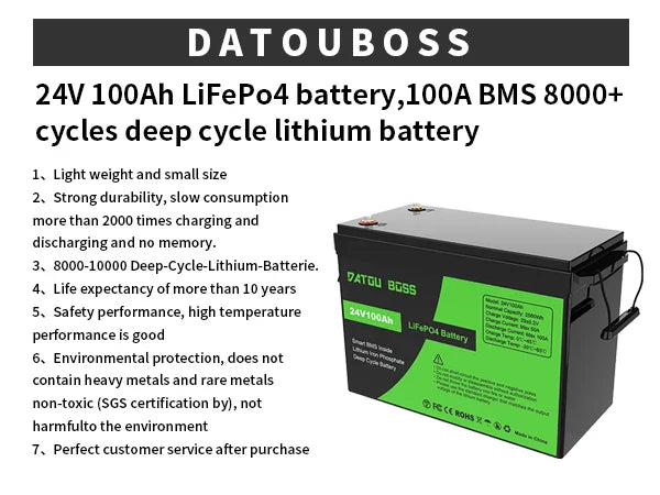 DATOUBOSS 12V 100Ah LiFePO4 Battery — 1280Wh Lithium Battery with 100A BMS, 8000-15000 Deep Cycles, Series/Parallel Support