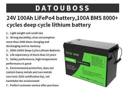 DATOUBOSS 12V 100Ah LiFePO4 Battery — 1280Wh Lithium Battery with 100A BMS, 8000-15000 Deep Cycles, Series/Parallel Support
