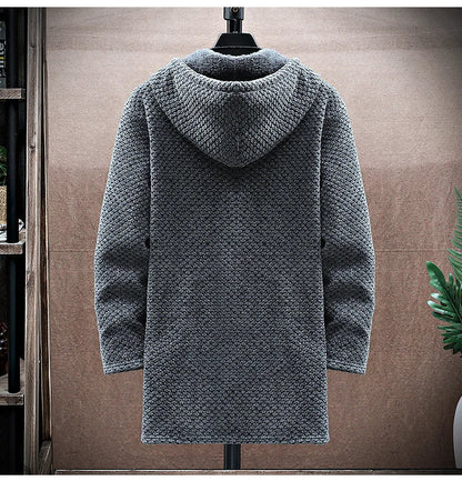 Men's Cashmere Hooded Cardigan Coat – Warm Fleece Long Sweater Jacket for Autumn Winter