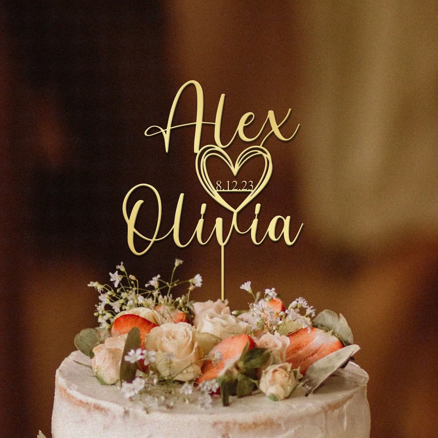Personalized Acrylic Wedding Cake Topper – Custom Script with Date, Rustic Party Cake Decoration