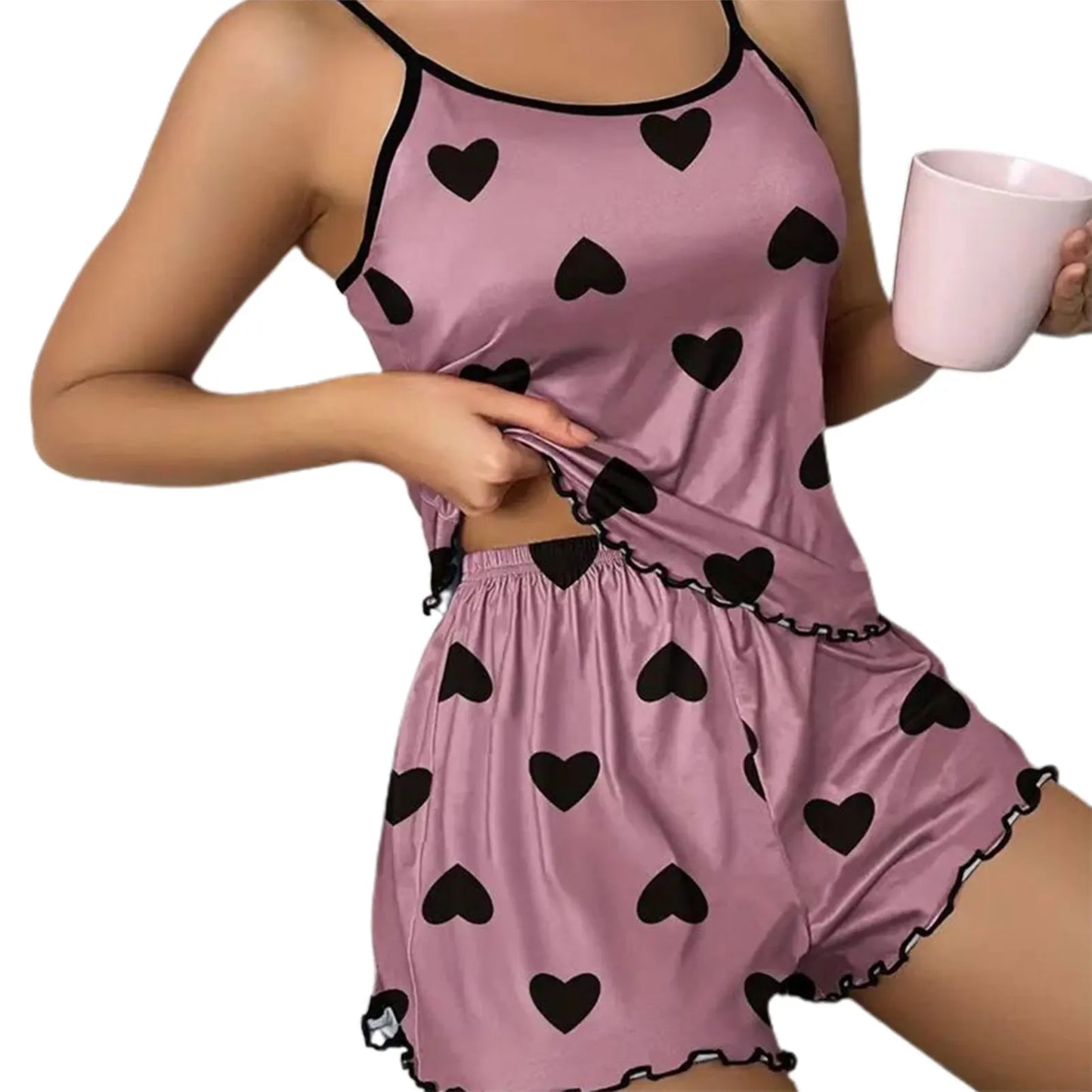 Women's Satin Pajama Set – Soft Printed Cami Top & Shorts Sleepwear for Home & Daily Wear