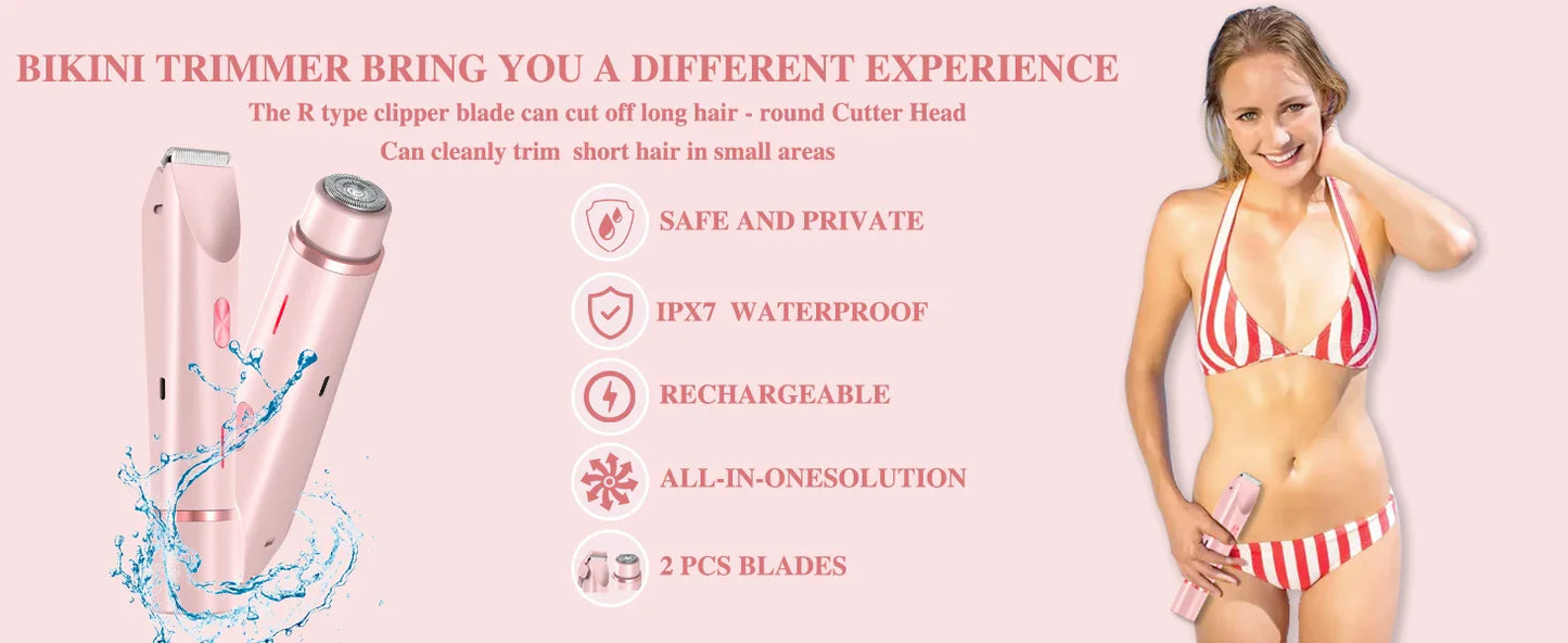 2-in-1 Dual-Head Electric Razor for Women – Painless Bikini Trimmer Wet & Dry Use with Detachable Heads