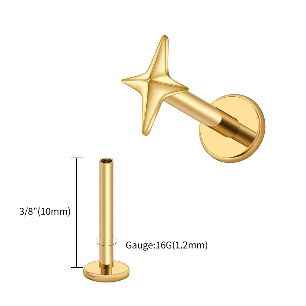 Right Grand ASTM F136 Titanium 16G Four-Pointed Star Cartilage Stud Earring – Helix, Tragus, Flatback Labret & Nose Piercing Jewelry