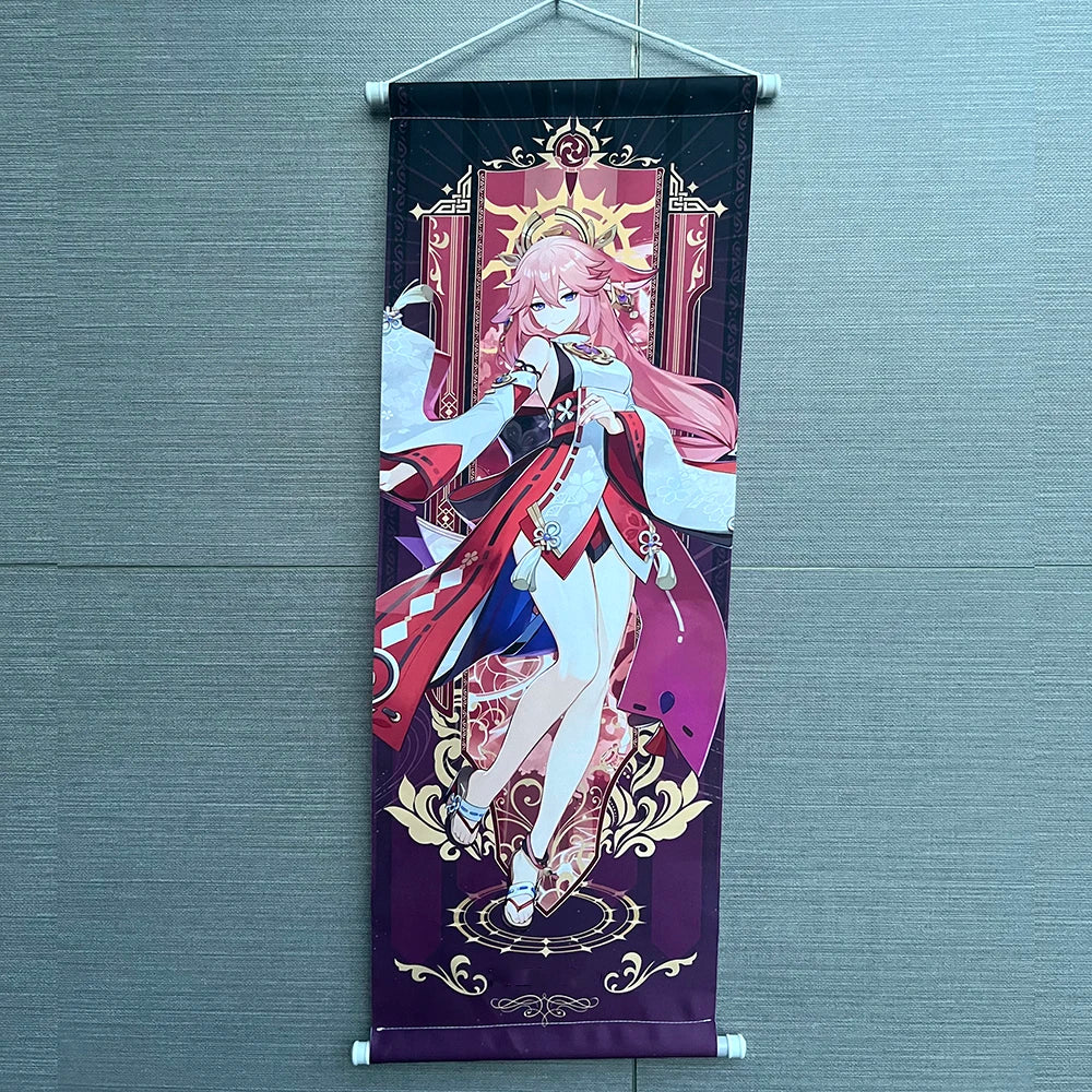 Hot Game Impact Scroll Canvas – Cartoon Heroes Wall Hanging Poster for Cosplay, Halloween, Xmas Decor & Gifts