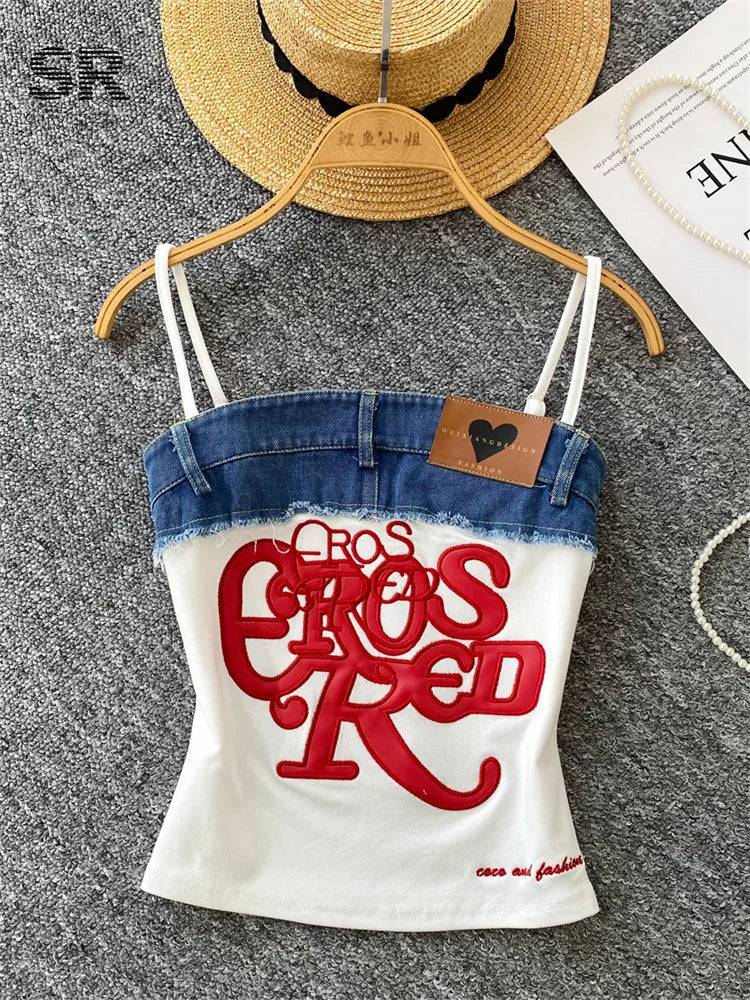SINGREINY Y2K Denim Patchwork Crop Top — Women’s Retro Letter Embroidery Slim Streetwear Strap Top