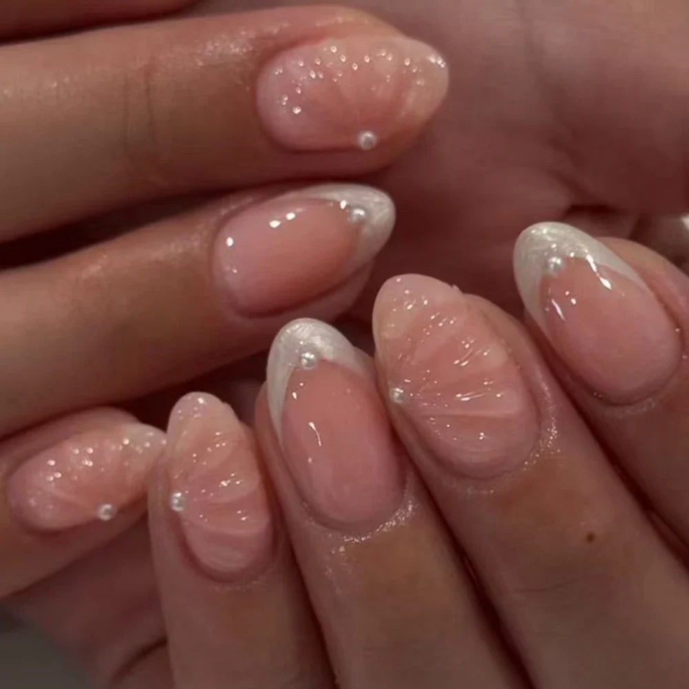 24pcs Short Oval 3D Gel Nail Stickers - Pearl Flower French Acrylic Press-On Nails for Easy Nail Art