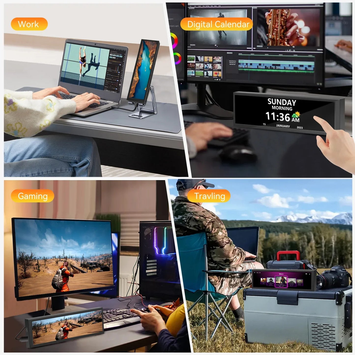 8.8 Inch HDMI Touch Screen Monitor – Long Wide Display with Case, PC Temperature Sensor Panel & Small Extender Monitor