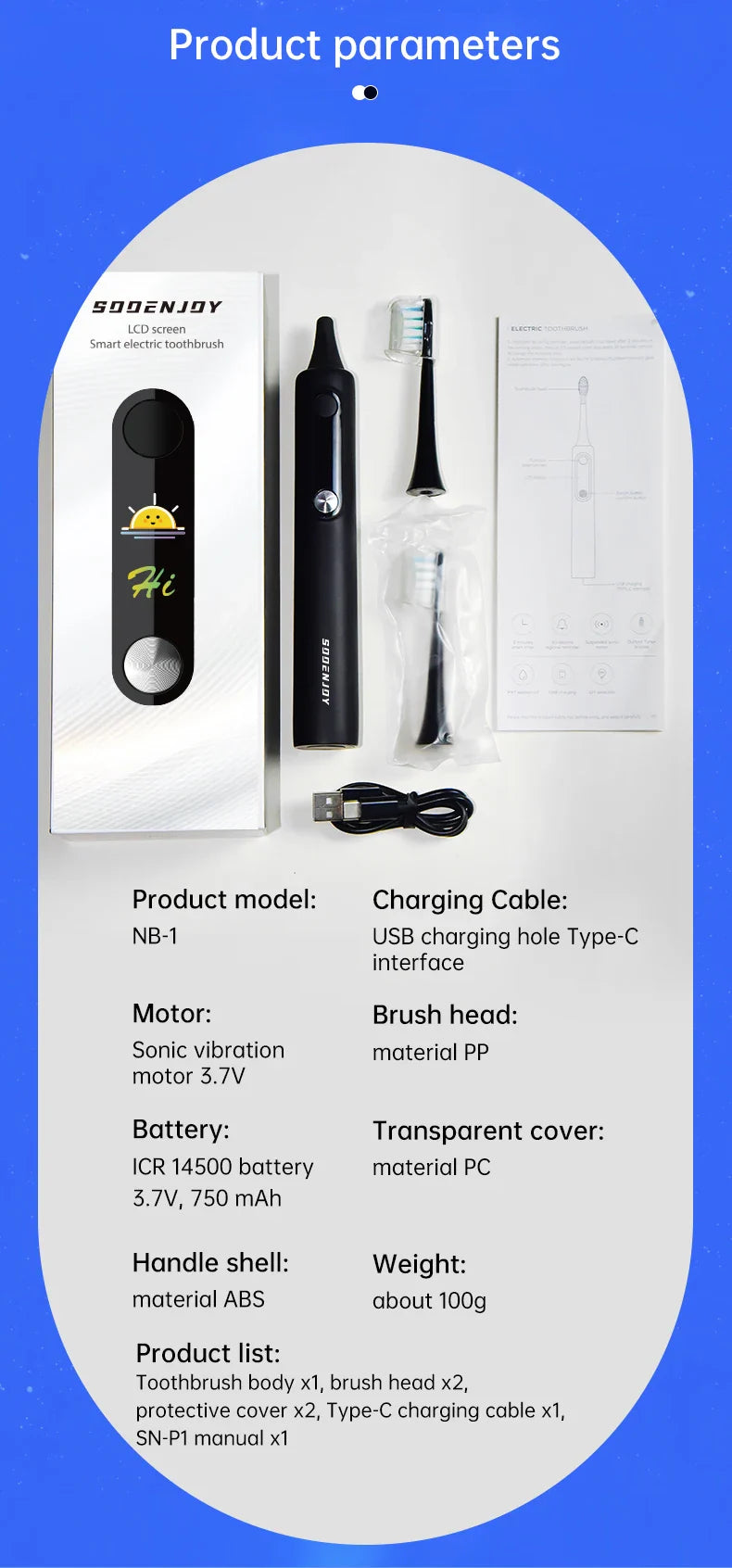 SOOENJOY Sonic Electric Toothbrush NB-1 — Smart LCD Display, DIY Mode, Automatic Teeth Cleaner for Adults