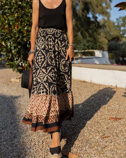 Women’s Boho Printed Midi Swing Skirt – Elastic Waist Spliced A-Line Beach & Casual Daily Wear Skirt