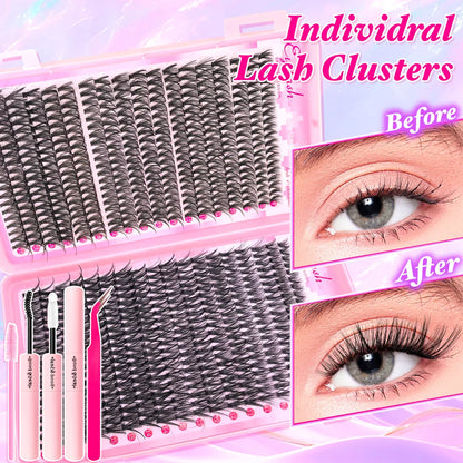 720/200pcs Eyelash Extension Kit – Fluffy Wispy Lash Clusters with Bond & Seal, Tweezers & Tools for Thick Volume DIY Lash Extensions