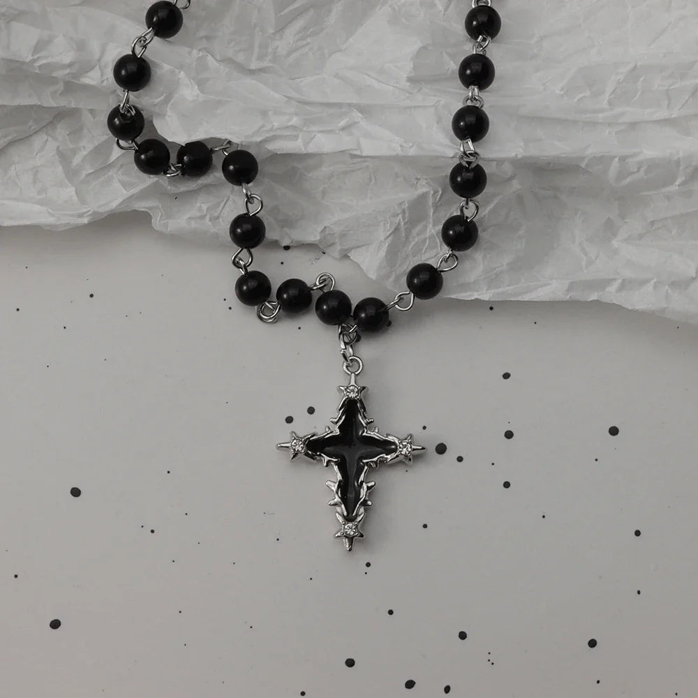 Gothic Bat Cross Necklace Set - Y2K Thorn Love Black Beaded Layered Jewelry for Halloween Parties
