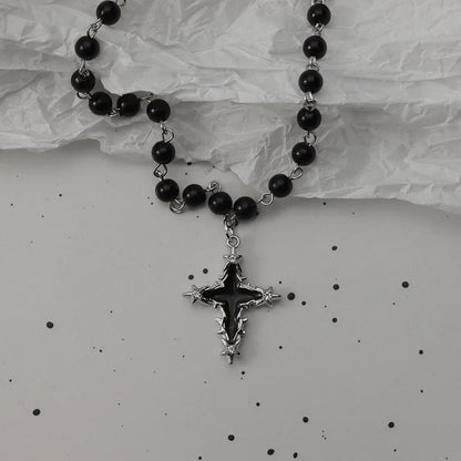 Gothic Bat Cross Necklace Set - Y2K Thorn Love Black Beaded Layered Jewelry for Halloween Parties