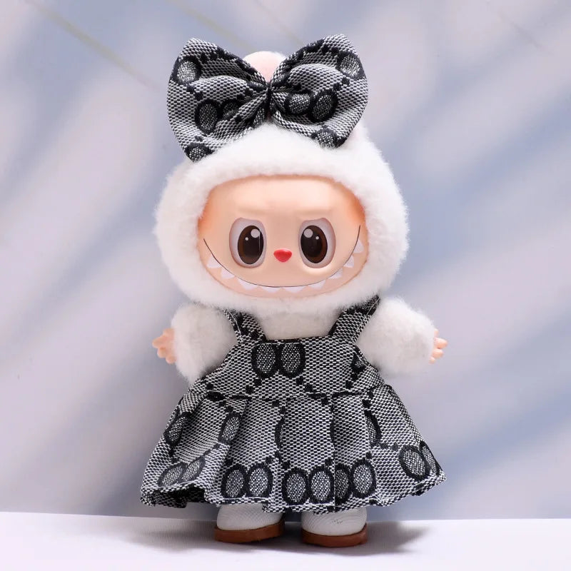 17cm Labubu II Mini Doll Clothes — Luxury Bow Headband Dress Outfit Set for Sitting, Party & Game Accessories