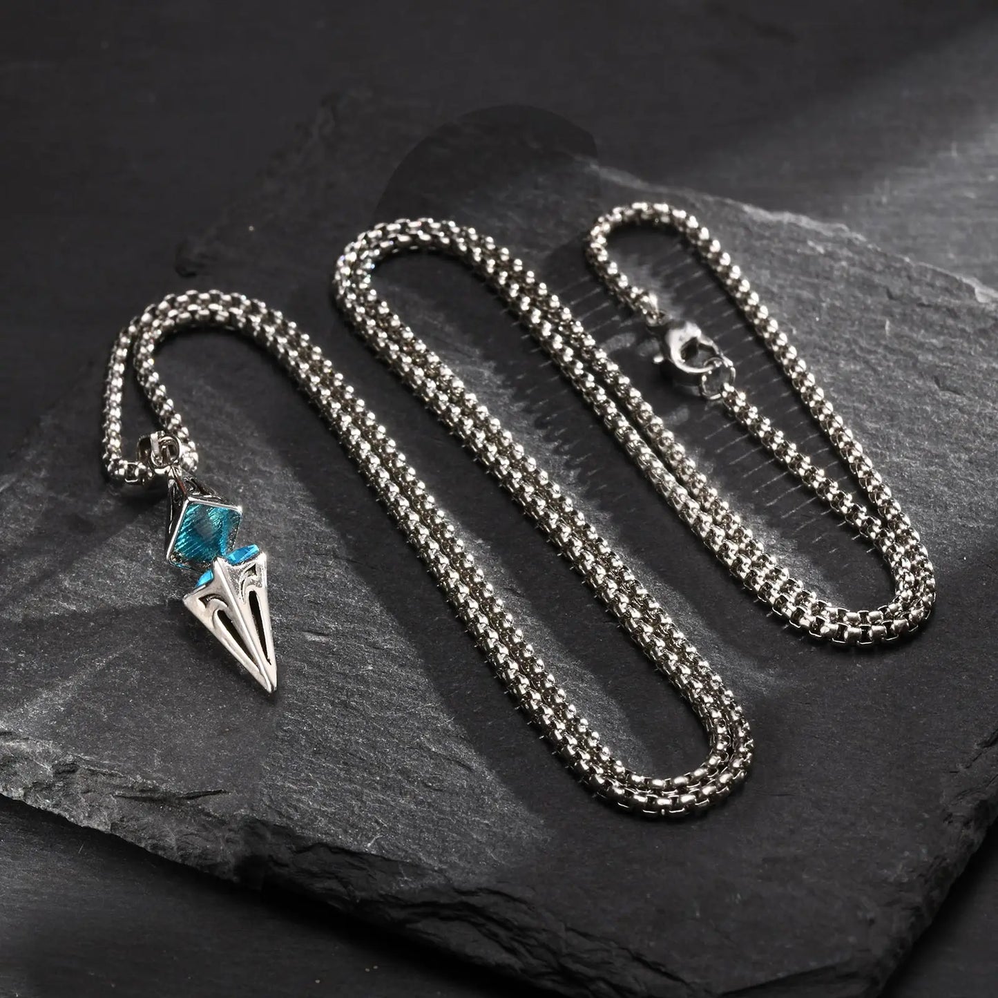 Stylish Blue Stone Necklace – Geometric Stainless Steel Pendant for Men & Women, Perfect Valentine's & Birthday Gift