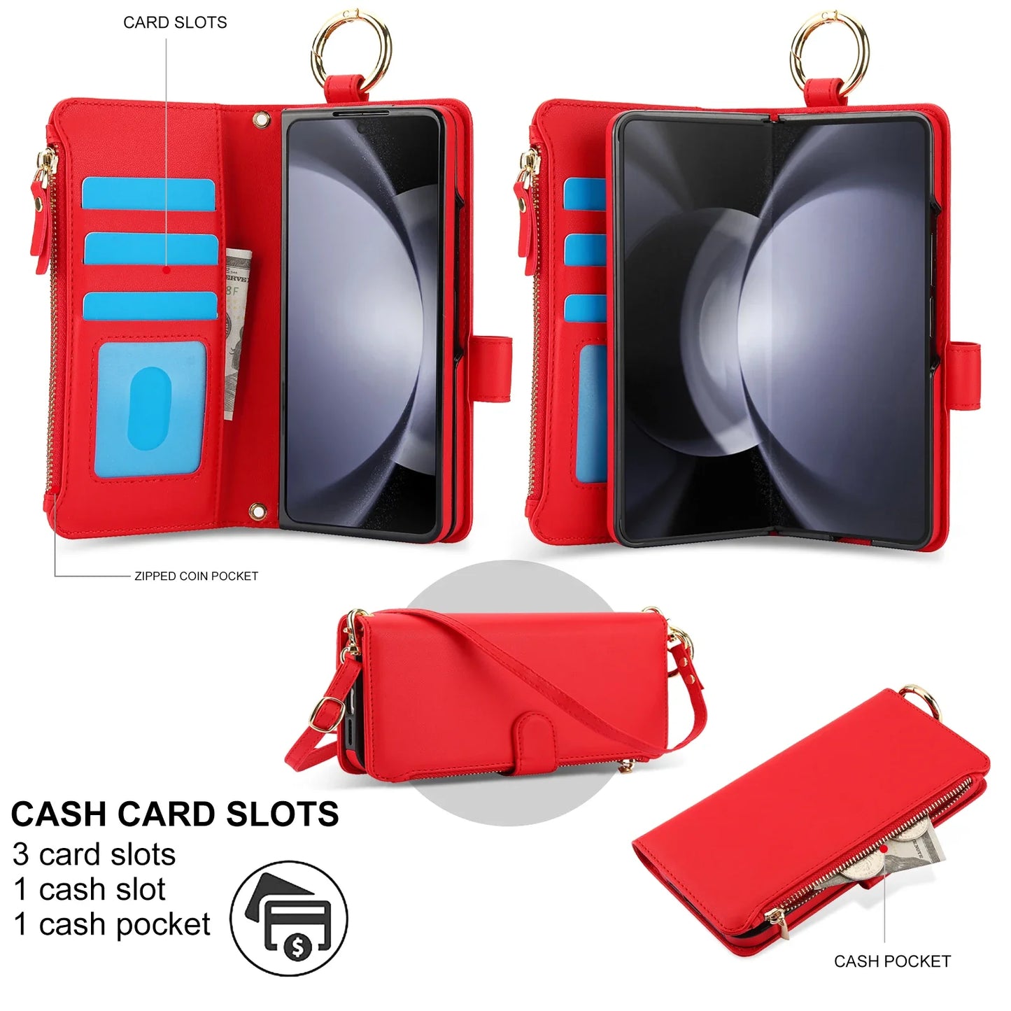 Crossbody Leather Wallet Case with Card Slots, Zipper & Kickstand for Samsung Galaxy Z Fold 3/4/5/6 – Wristband & Ring Holder