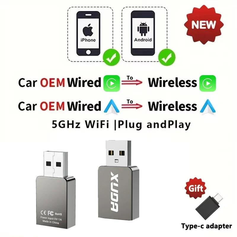 XUDA 2025 Wireless CarPlay & Android Auto Adapter – Smart Mini Plug & Play Box with Fast WiFi Connection, Universal for Nissan Vehicles