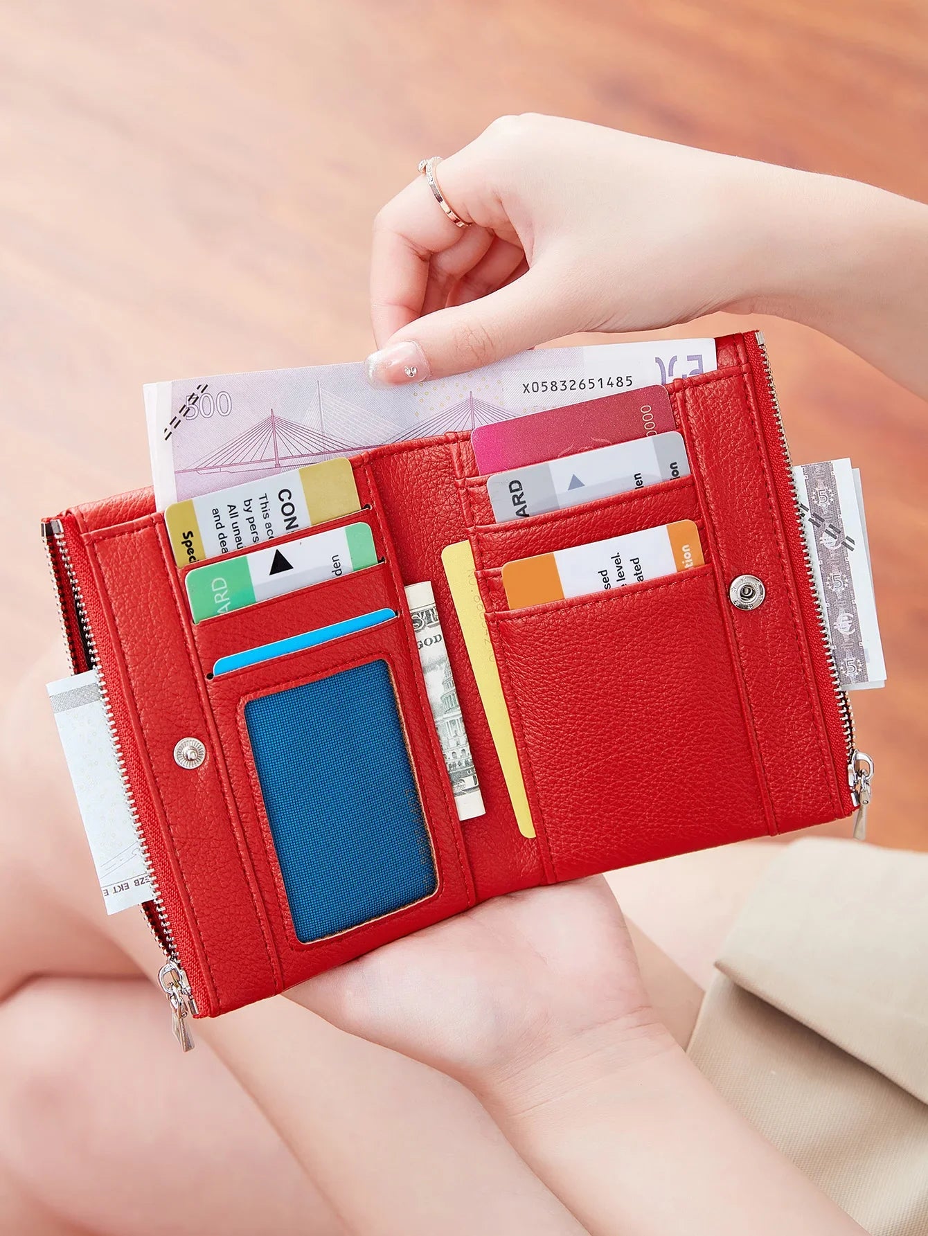 Women’s PU Leather Short Double Zipper Wallet – Simple Solid Color, Large Capacity Credit Card Holder with Coin Pocket
