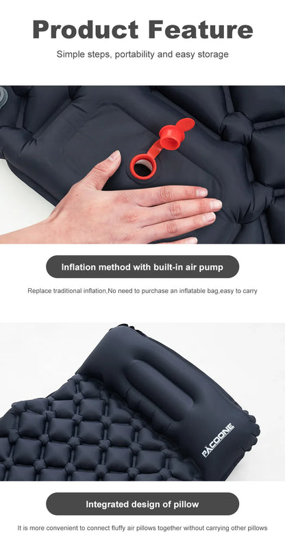 Outdoor Ultralight Inflatable Camping Mattress - Sleeping Pad with Pillows and Built-In Inflator Pump for Hiking