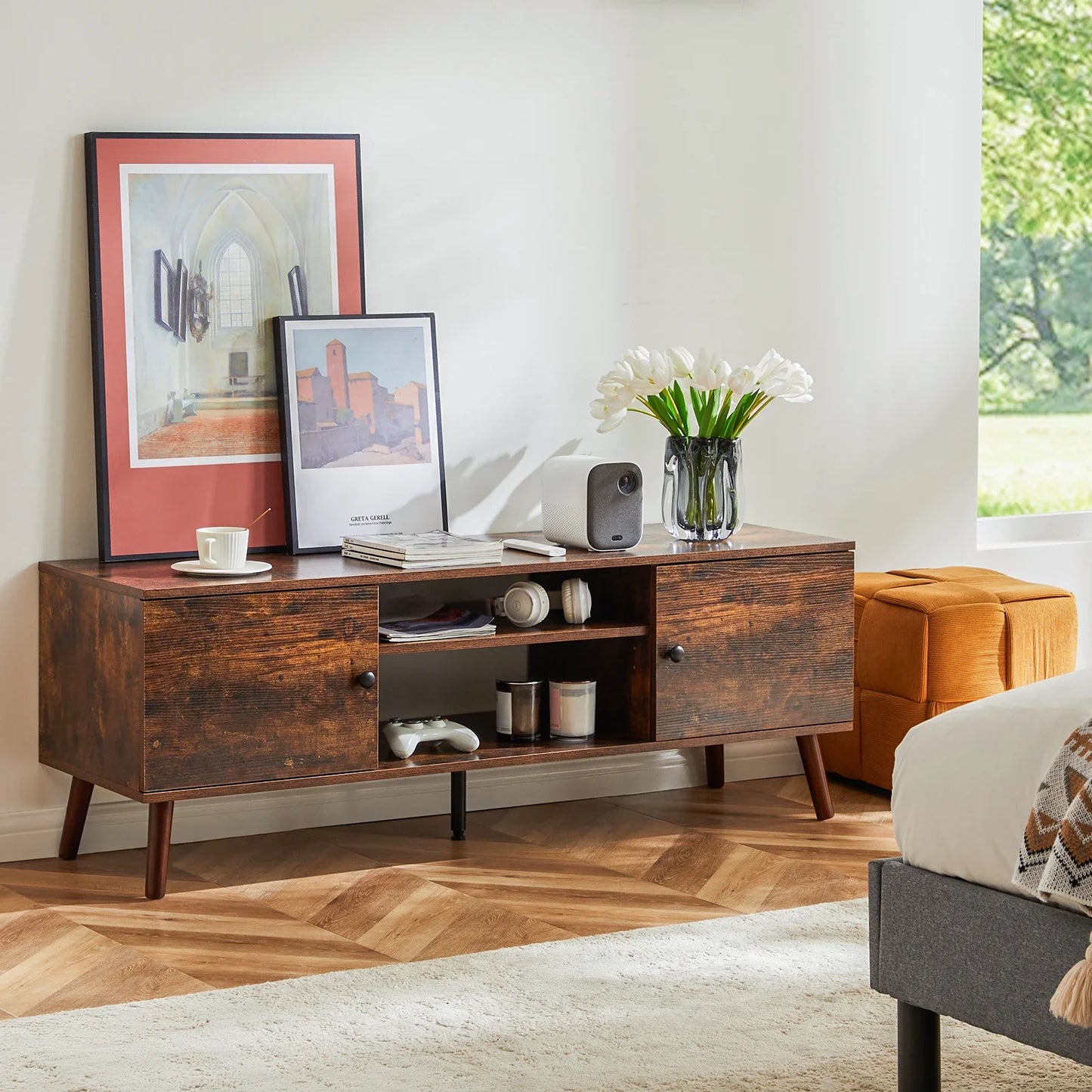 Wooden Fireplace TV Stand for 60 Inch TV – Living Room Entertainment Center with Adjustable Shelf & 2 Storage Cabinets