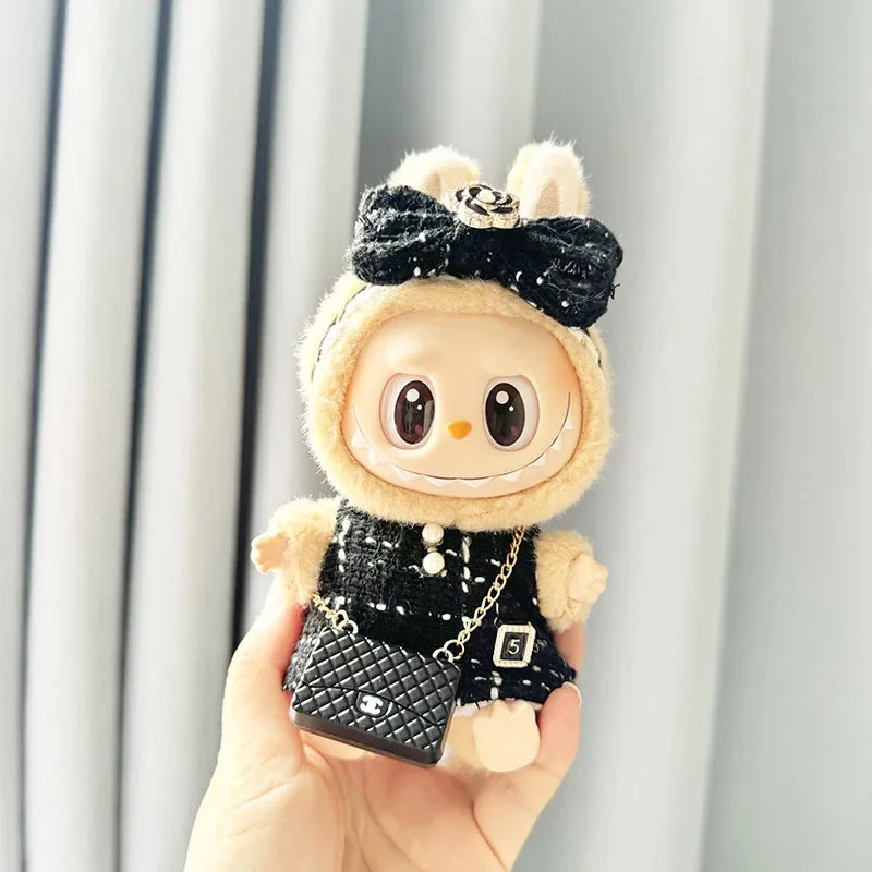 Cute 17cm Labubu Idol Doll Outfit – Camellia Dress, Bag & Shoes Set for Mini DIY Monster Sitting Party Collection