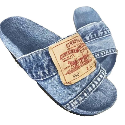 2024 Fashion Denim Slippers for Women - Non-slip, Comfortable Flat Slides, Outdoor Beach Casual Summer Shoes