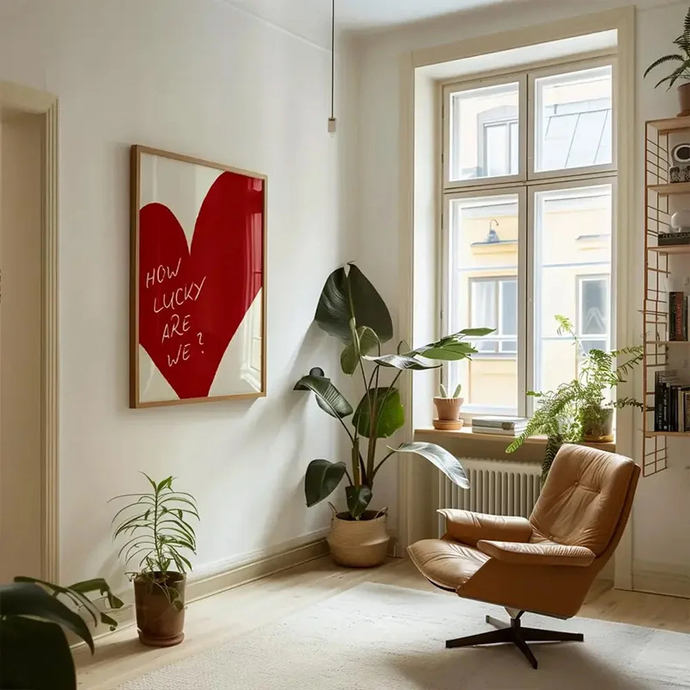 Frameless Red Love Heart Canvas – “How Lucky Are We” Modern Wall Art Poster for Bedroom, Home Decor & Valentine’s Gift