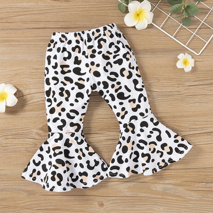 2PCS Baby Girl Clothes Set - Black Pullover Top & Leopard Print Bell-Bottoms, Autumn Outfit for 2-8 Years Old