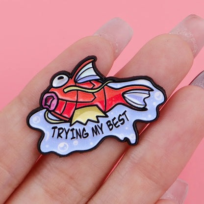 Trying the Fish Enamel Pin - Cute Cartoon Fish Metal Brooch Badge for Clothing, Bags and Gifts