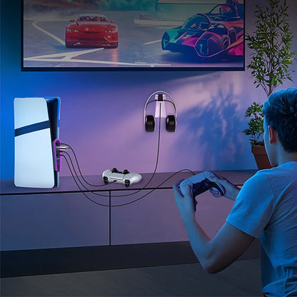 PS5 Slim/Pro 6-in-1 USB Hub Splitter – Controller Charging Expansion Adapter with 5 RGB Lights (JYS-P5231) for PlayStation 5 Accessories