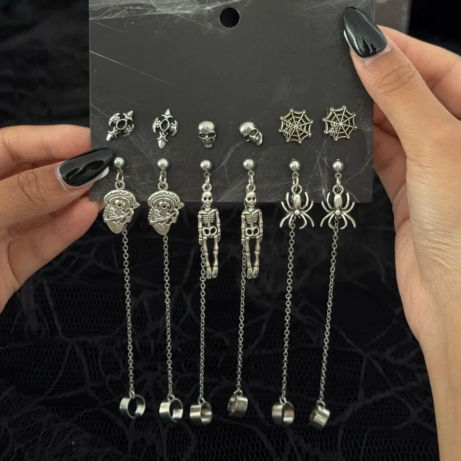 Halloween Crystal Skull Spider Drop Earrings - Gothic Red Crystal Cross and Rose Metal Earrings for Women