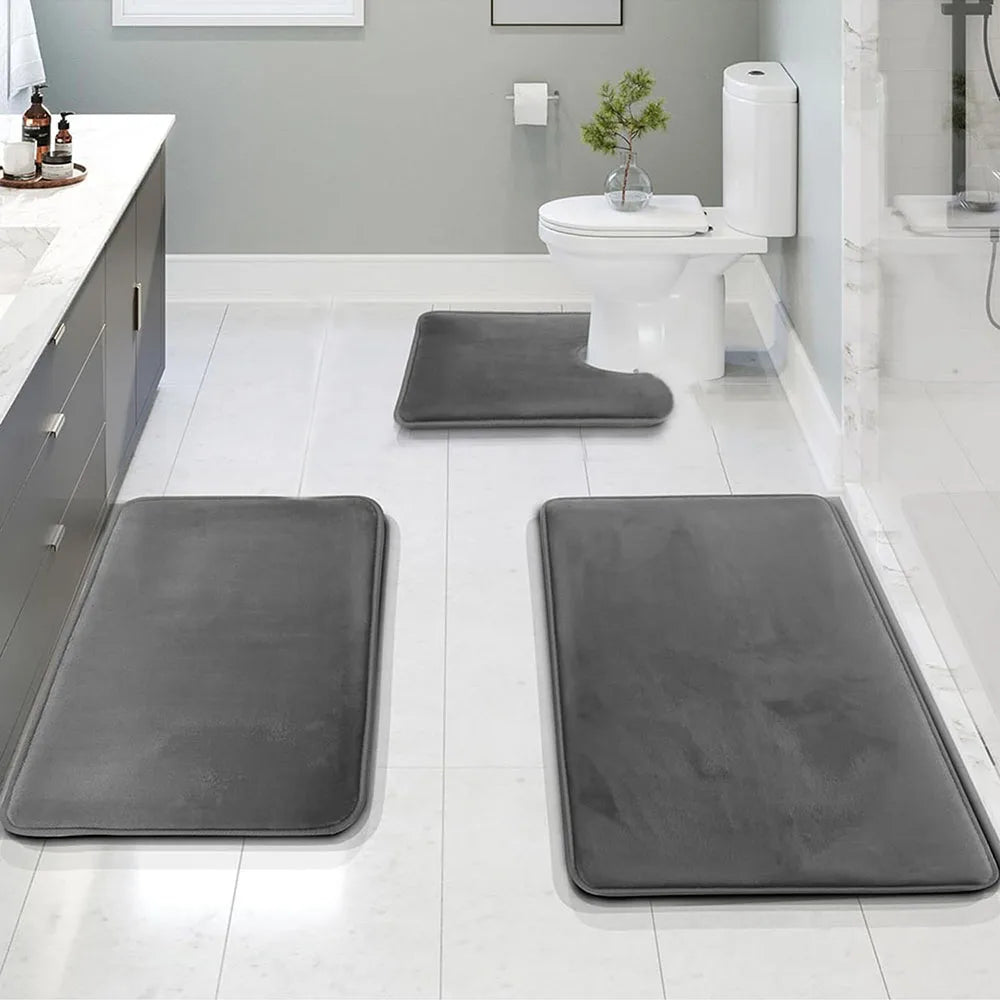 3PC Waterproof Non-Slip Sponge Bathroom Carpet Set - Washable Home Decor