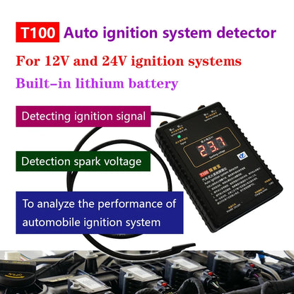 T100 Auto Ignition System Tester — 12V/24V Detector for Ignition Signal & Spark Voltage Testing