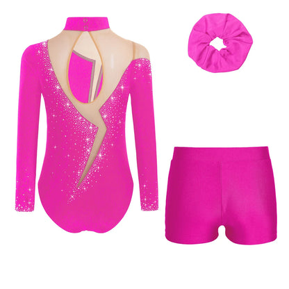 Kids Girls Long-Sleeve Ballet Leotard with Body Shorts & Hair Band — Gymnastics Dance Bodysuit