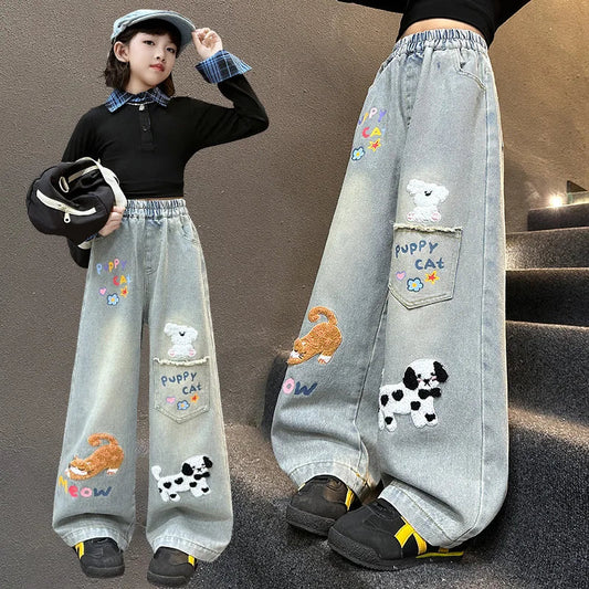 Girls’ Cartoon Embroidered Wide-Leg Jeans – Autumn Fashion Denim Pants for Kids & Teenagers, Ages 4-14